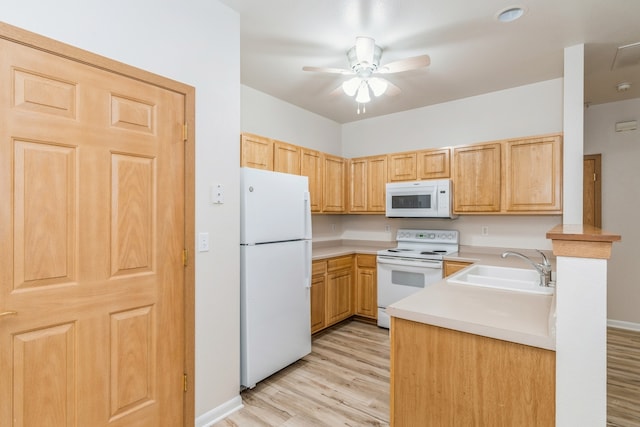 kitchen with light brown cabinets, light wood-type flooring, white appliances, and sink