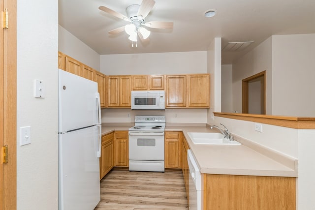 kitchen featuring white appliances, sink, ceiling fan, light wood-type flooring, and kitchen peninsula