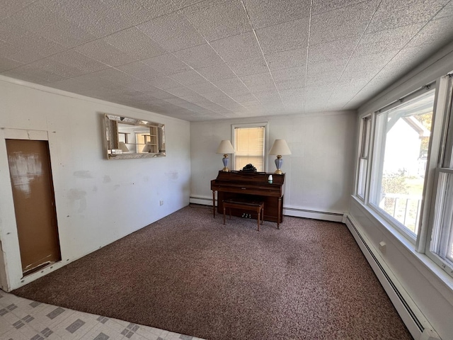 misc room with carpet floors and a baseboard heating unit