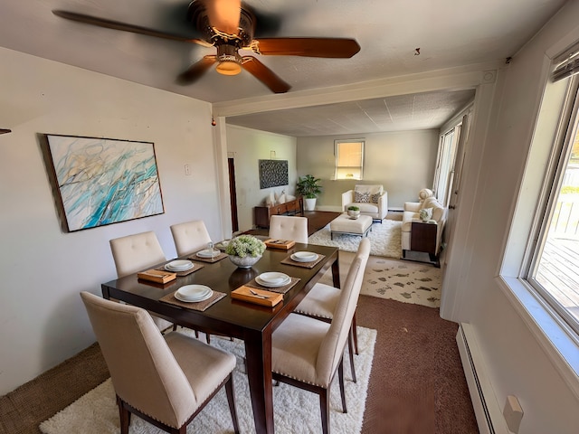 dining area featuring ceiling fan, carpet floors, and baseboard heating