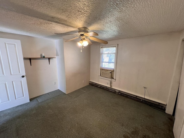 carpeted empty room featuring ceiling fan, cooling unit, baseboard heating, and a textured ceiling