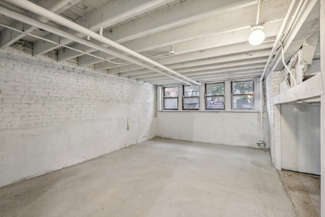 basement with brick wall