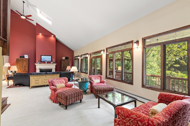 carpeted living room featuring ceiling fan, high vaulted ceiling, and baseboard heating