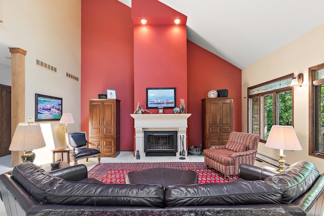 living room with high vaulted ceiling