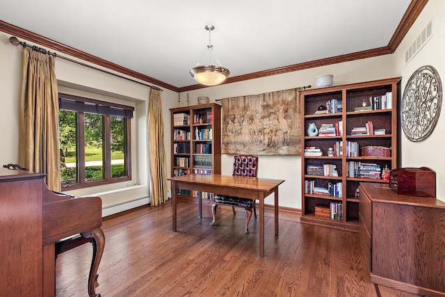 office space with ornamental molding, a baseboard heating unit, and dark wood-type flooring