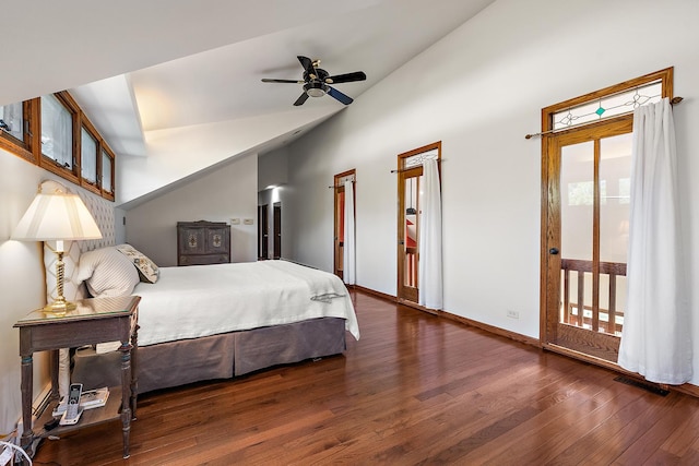 bedroom featuring dark hardwood / wood-style floors and high vaulted ceiling