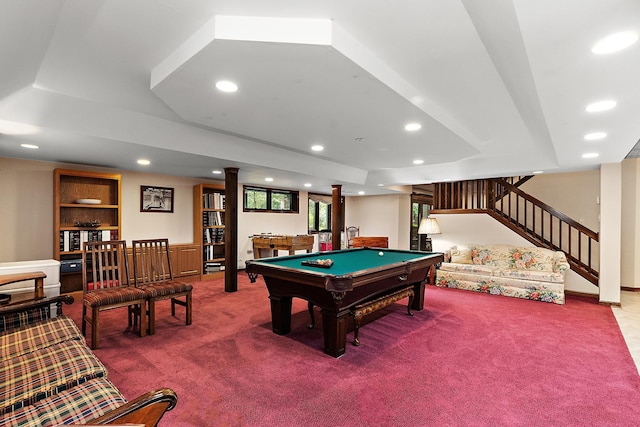 playroom featuring bar, a tray ceiling, carpet floors, and billiards