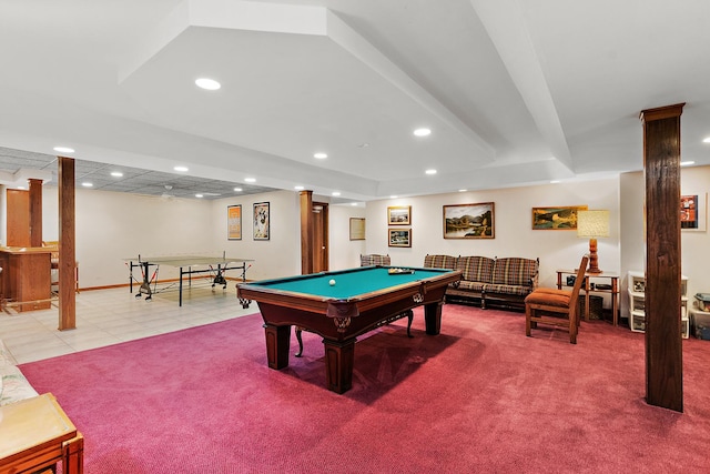 playroom with ornate columns, carpet floors, and pool table