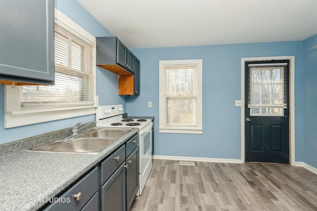 kitchen featuring sink, light hardwood / wood-style floors, gray cabinetry, and electric stove