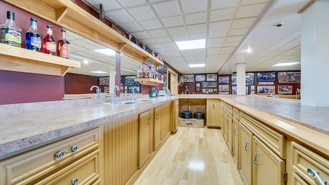 bar featuring sink, a drop ceiling, light brown cabinets, and light wood-type flooring