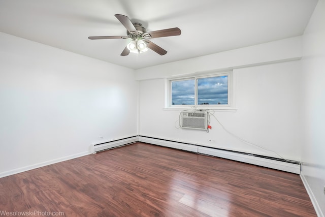 spare room with hardwood / wood-style floors, a wall unit AC, ceiling fan, and a baseboard heating unit