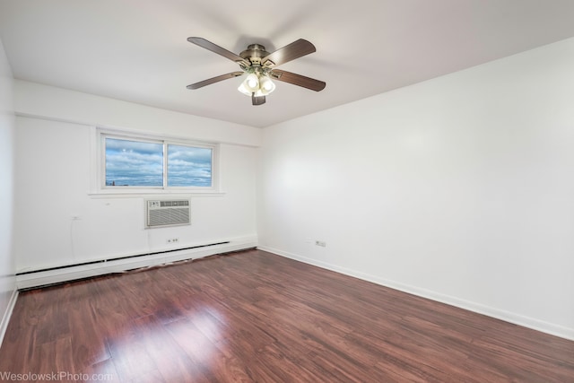 unfurnished room with baseboard heating, a wall mounted AC, ceiling fan, and dark hardwood / wood-style flooring