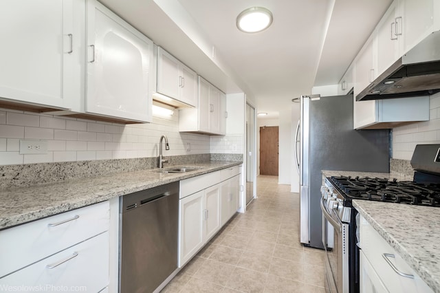 kitchen with decorative backsplash, white cabinetry, sink, and stainless steel appliances