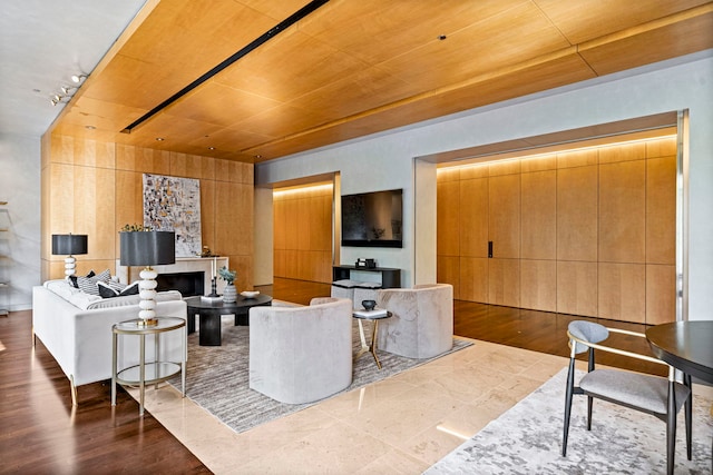 living room with wood ceiling