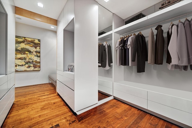 walk in closet with light hardwood / wood-style flooring