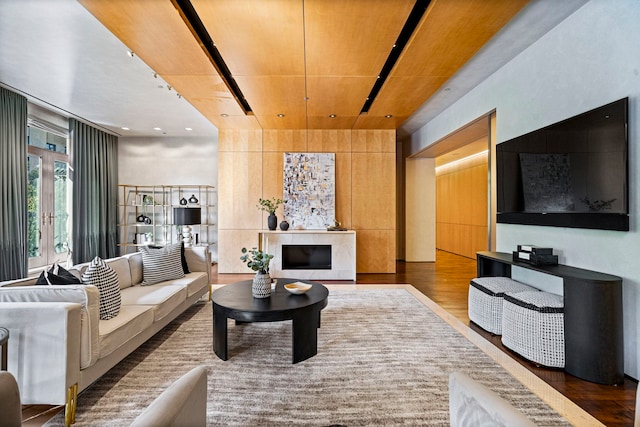 living room featuring dark wood-type flooring