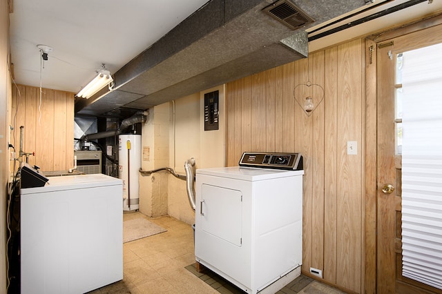 laundry area with washer / clothes dryer, wooden walls, and water heater