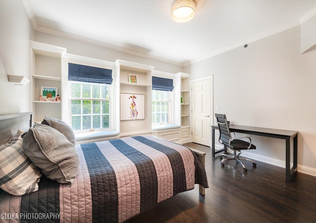 bedroom with dark hardwood / wood-style floors and ornamental molding