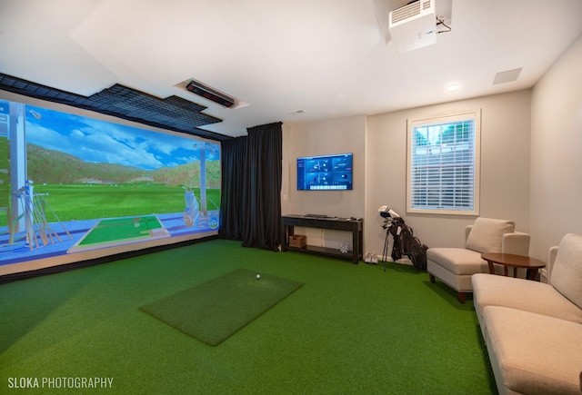 game room featuring carpet and golf simulator