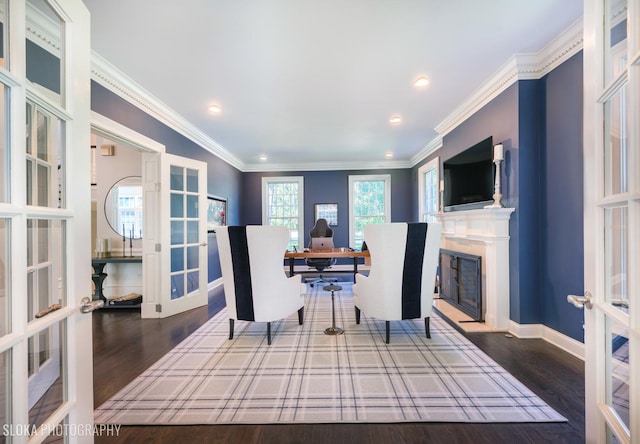 dining room featuring french doors, dark hardwood / wood-style floors, and crown molding