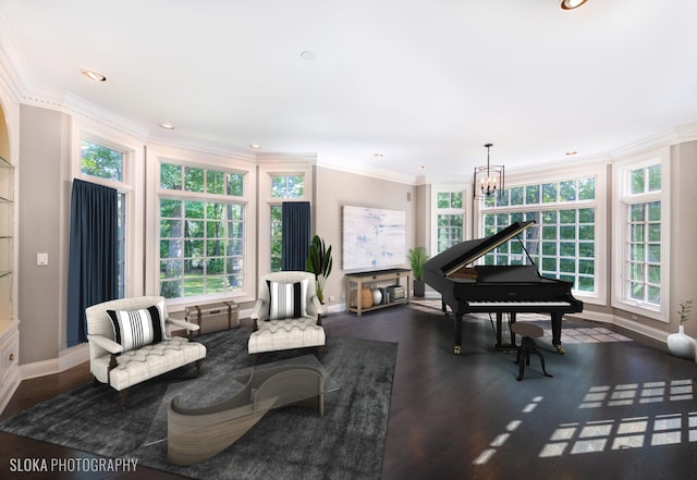 living area with dark hardwood / wood-style floors, crown molding, and a chandelier