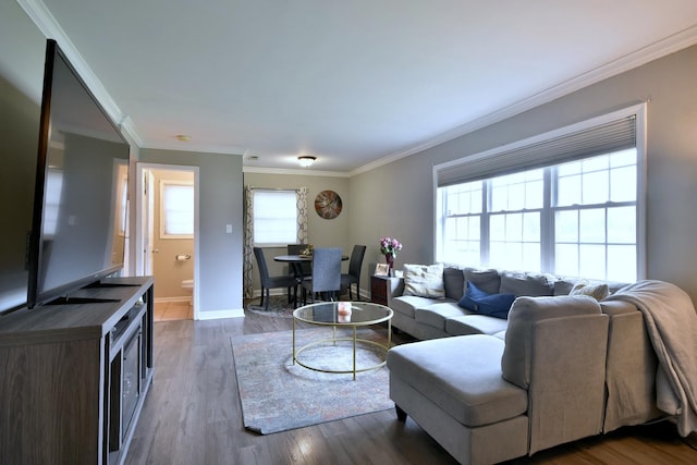 living room with ornamental molding and dark hardwood / wood-style flooring