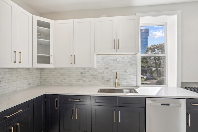 kitchen with decorative backsplash, sink, white cabinets, and stainless steel dishwasher