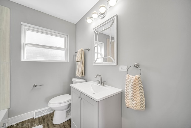 bathroom featuring vanity, wood-type flooring, and toilet