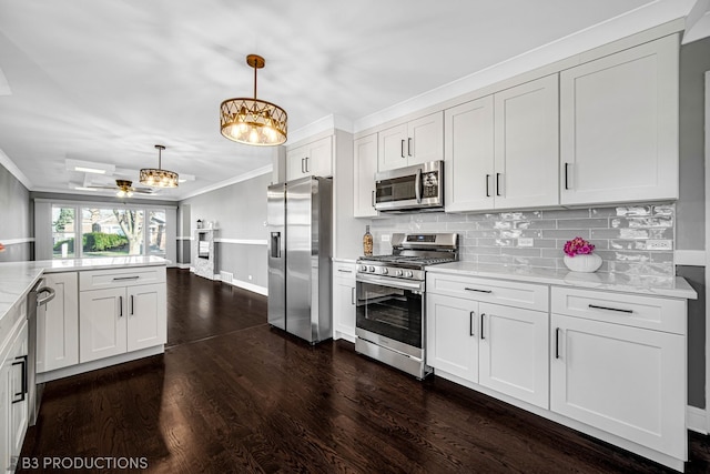 kitchen with dark hardwood / wood-style flooring, white cabinetry, hanging light fixtures, and appliances with stainless steel finishes