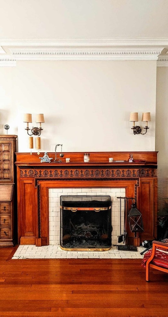 room details with a fireplace and hardwood / wood-style floors