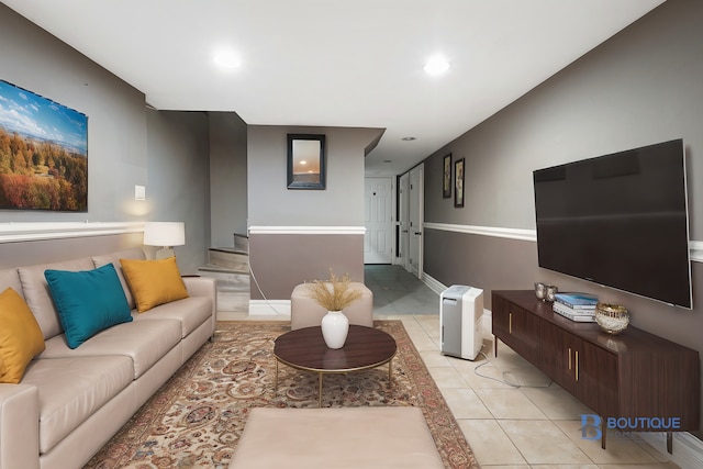 living room featuring light tile patterned floors