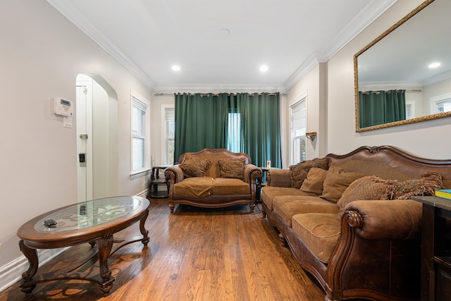 living room with hardwood / wood-style flooring, plenty of natural light, and ornamental molding