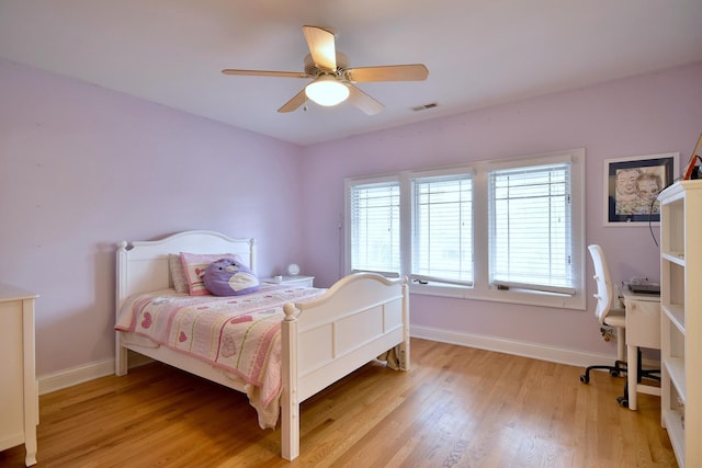 bedroom featuring ceiling fan and light hardwood / wood-style flooring