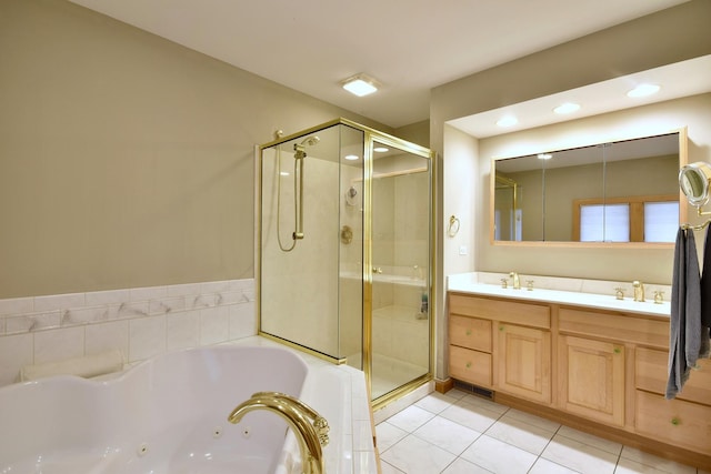 bathroom with separate shower and tub, tile patterned flooring, and vanity