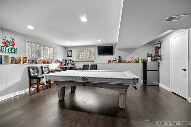 game room featuring dark wood-type flooring and billiards