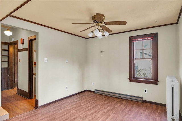 unfurnished room with radiator, a baseboard radiator, wood-type flooring, ceiling fan, and crown molding