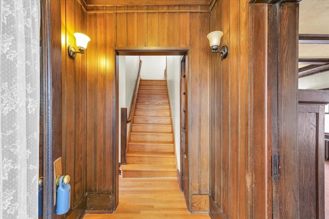 staircase featuring hardwood / wood-style floors and wood walls