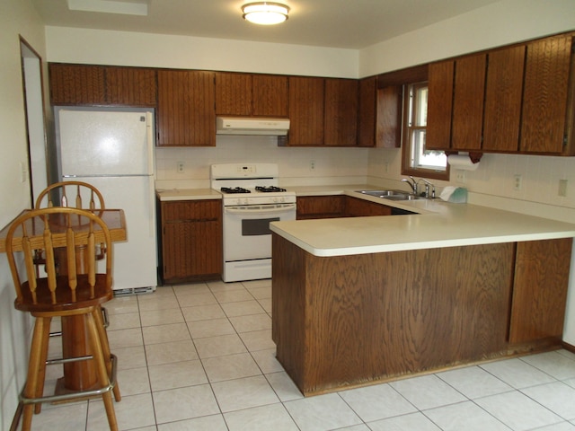 kitchen with white appliances, sink, decorative backsplash, light tile patterned flooring, and kitchen peninsula