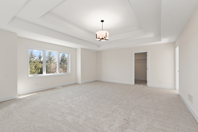 spare room with a raised ceiling and light carpet