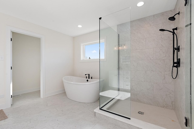 8035 Stanley Trl, Frankfort, IL 60423 - full bath featuring a stall shower, a freestanding bath, recessed lighting, baseboards, and marble finish floors