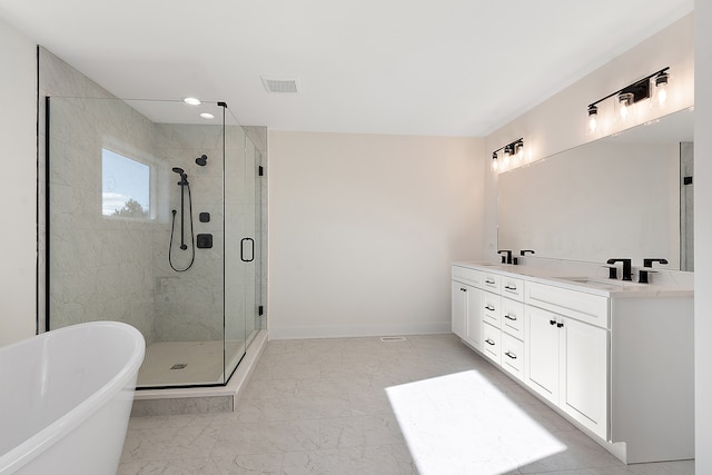 bathroom with plus walk in shower and vanity