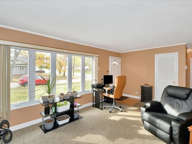 home office featuring carpet flooring, crown molding, and a wealth of natural light