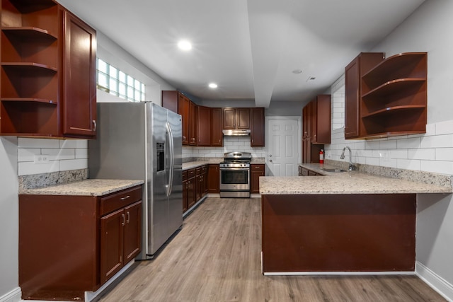 kitchen with sink, stainless steel appliances, tasteful backsplash, kitchen peninsula, and light wood-type flooring