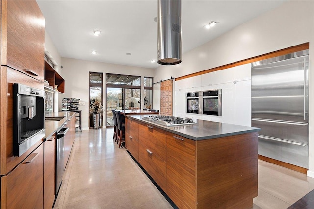 kitchen featuring appliances with stainless steel finishes, a barn door, white cabinetry, and a spacious island