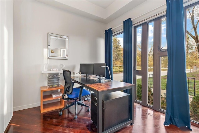 home office with dark hardwood / wood-style flooring and a wealth of natural light