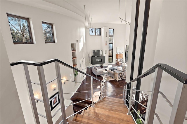 stairway with hardwood / wood-style floors