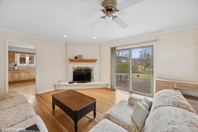 living room with ceiling fan, a fireplace, ornamental molding, and light wood-type flooring