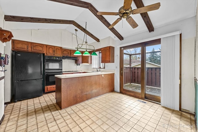 kitchen with pendant lighting, black appliances, vaulted ceiling with beams, ceiling fan, and kitchen peninsula