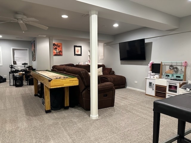 game room featuring carpet and ceiling fan