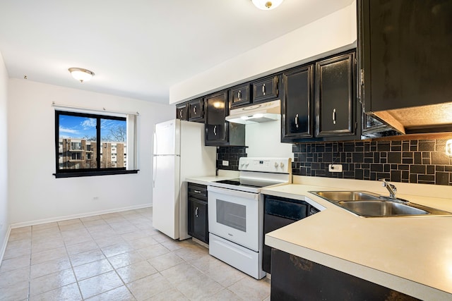 kitchen with light tile patterned flooring, white appliances, backsplash, and sink